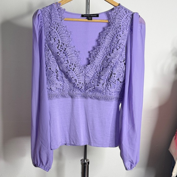 Boston Proper Scallop Lace Long Sleeve Top Purple - Picture 2 of 7